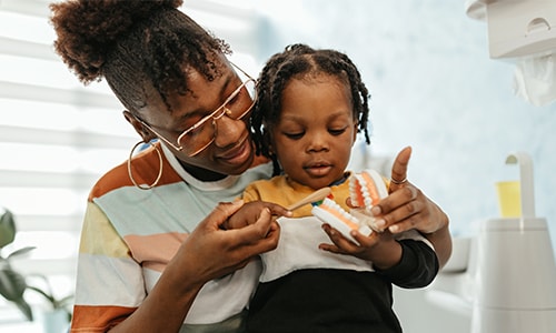 Woman holding a child as they brush a model of teeth
